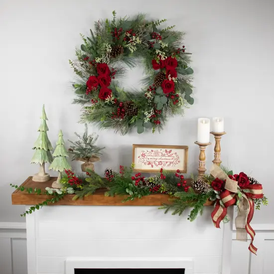 Northlight Real Touch&trade;️ Roses and Berries Artificial Christmas Wreath - 30" - Unlit Green {4}