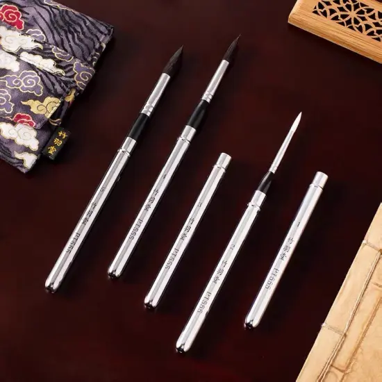 ZY TANG Silver Variety Bristle Travel Collapsible Mini Watercolor Brush Round, Flat Sliver Handle Vegan Brush Artists Gifts {2}