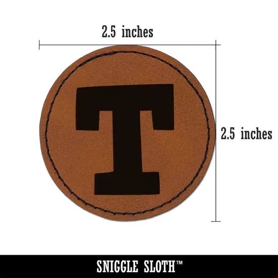 Letter T Uppercase Fun Bold Font Round Iron-On Engraved Faux Leather Patch Applique - 2.5" Brown {2}