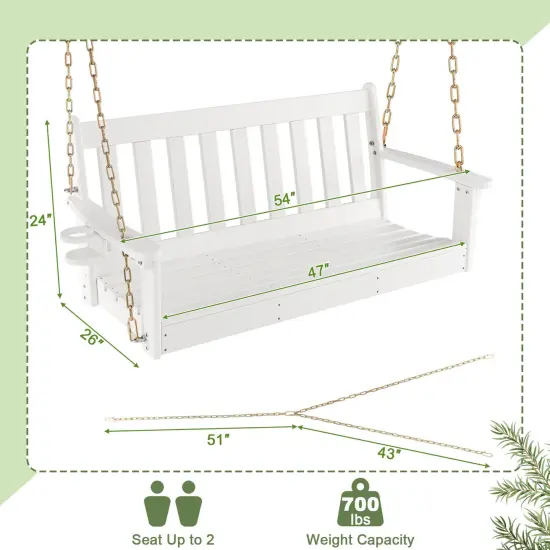 54 Inch HDPE Patio Porch Swing with Cup Holder-White {5}