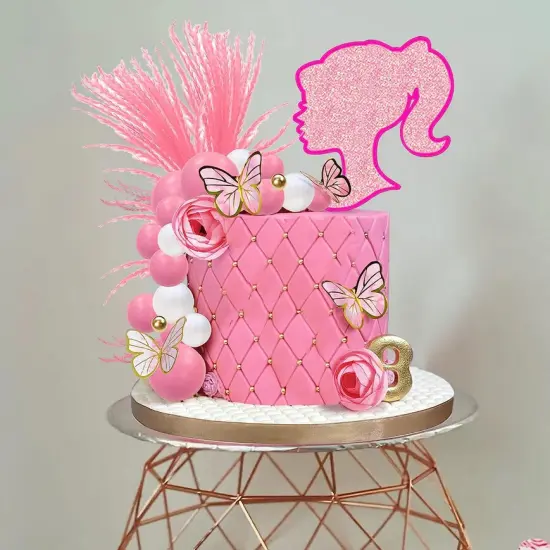 Barbie Style Vintage Pink Girl Cake Toppers 44pc Balls, Boho Reed Grass, Flowers, and Butterfly Cake Decoration Kit {4}