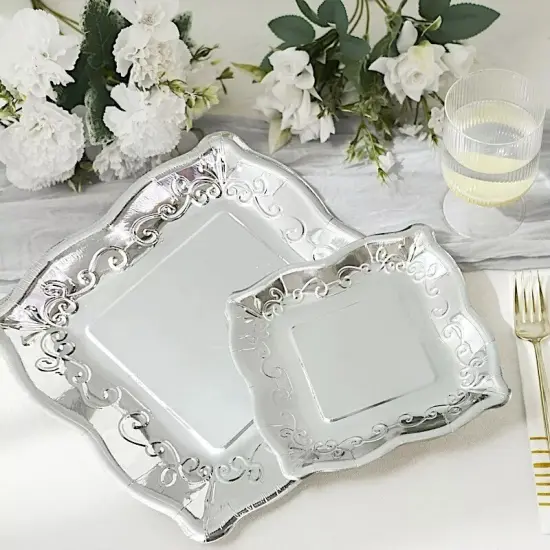 25 SILVER 11" Square Paper Dessert Dinner PLATES Scroll Design {2}
