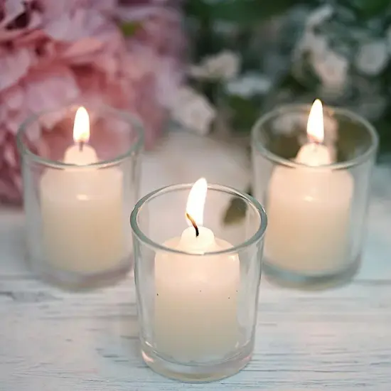 12 IVORY Round Votive Candles with Clear Glass Holders {3}