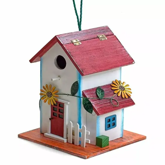 Hand-painted Wooden Birdhouse with Flowers Outdoor Garden Decor {1}