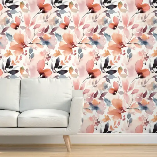 Peel & Stick Wallpaper 2FT Wide Pastel Flowers Watercolor Botanical Scattered Leaves Custom Removable Wallpaper by Spoonflower {5}