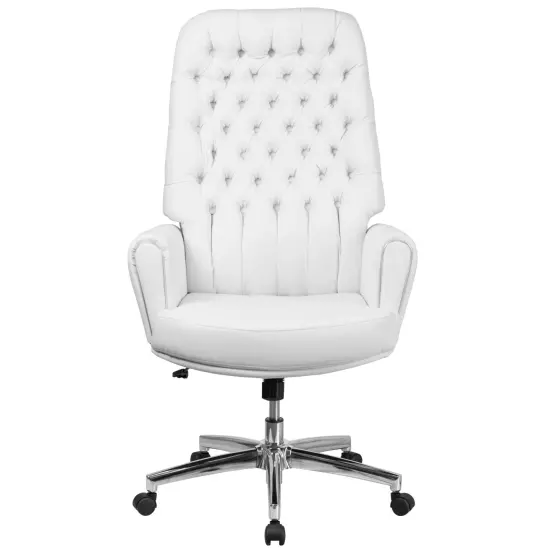 Merrick Lane Moselle High Back Button Tufted Faux Leather Swivel Home Office Chair with Welt Trimmed Arms White {3}