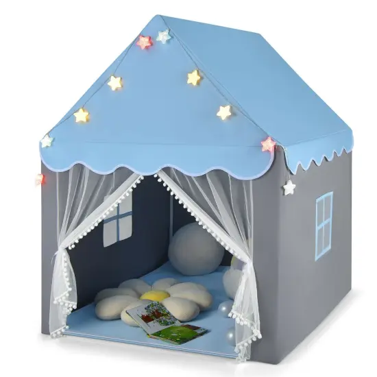 Kids Playhouse Tent with Star Lights and Mat Perfect for Birthday Gift Blue {4}