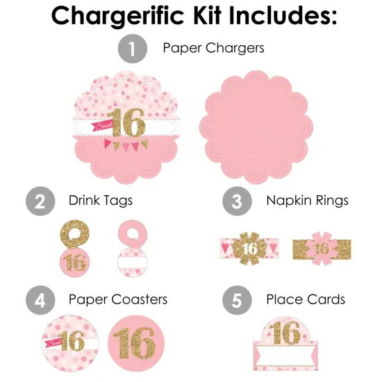 Big Dot of Happiness Sweet 16 - 16th Birthday Party Paper Charger & Table Decorations Chargerific Kit for 8 {4}