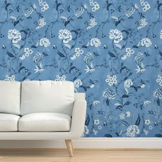 Pre-Pasted Wallpaper 2FT Wide Victorian Floral Blue And White Chinoiserie New Romanticism Large Scale Custom Pre-pasted Wallpaper by Spoonflower {5}