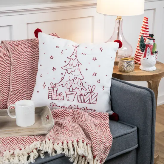 Northlight 16" White and Red Christmas Tree Embroidered Square Throw Pillow with PomPoms {3}