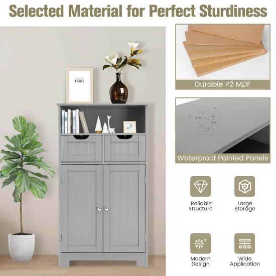 Bathroom Wooden Side Cabinet with 2 Drawers and 2 Doors Grey {1}