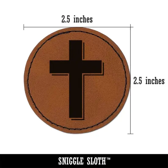 Cross with Shadow Christian Religion Round Iron-On Engraved Faux Leather Patch Applique - 2.5" Brown {3}
