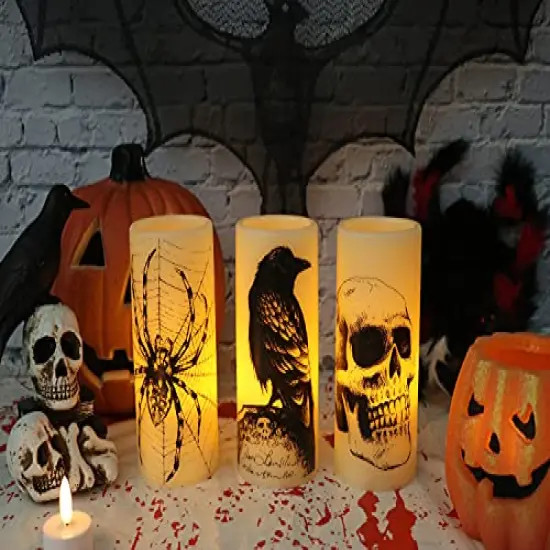Eldnacele Halloween Flickering Candles with Skull, Spider Web, Crow Raven Decals Set of 3, Battery Operated Halloween Themed LED Candles Horror Spooky Decoration {2}