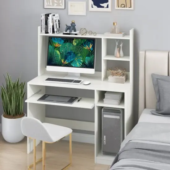 2-in-1 Computer Desk with Open Storage Shelves and Keyboard CPU Stand White {2}