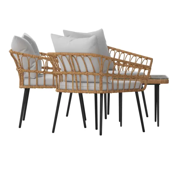 Merrick Lane Armon Four Piece Indoor/Outdoor Boho Open Weave Natural Rattan Rope Patio Set with Two Chairs, Loveseat and Table with Cushions Natural/Gray {5}