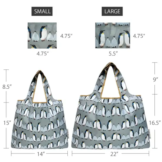 Wrapables Large & Small Foldable Tote Nylon Reusable Grocery Bags, Set of 2, Penguins {2}
