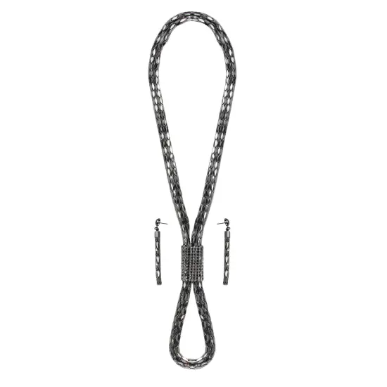 CC Home Furnishings Set of Jet Silvertone Chain Mail with Crystal Pendant Long Necklace and Earrings Metallic {1}