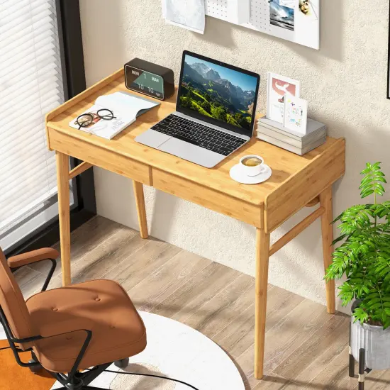 Costway Bamboo Writing Desk 39.5" Computer Study Desk with 2 Storage Drawers & Open Shelf {4}