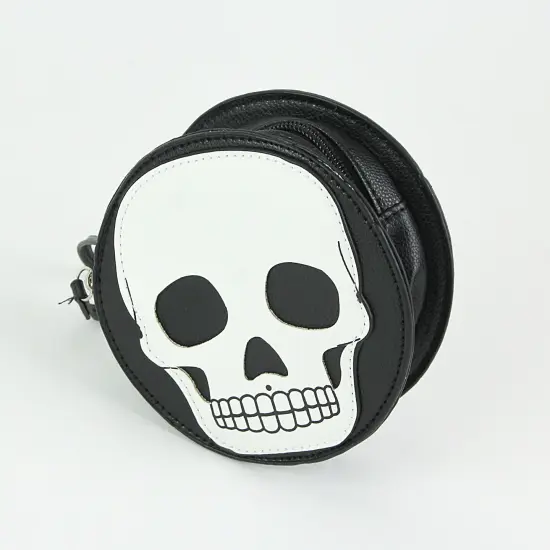 Textured Black Vinyl Skull Design Round Wristlet Purse with Removable Strap {3}