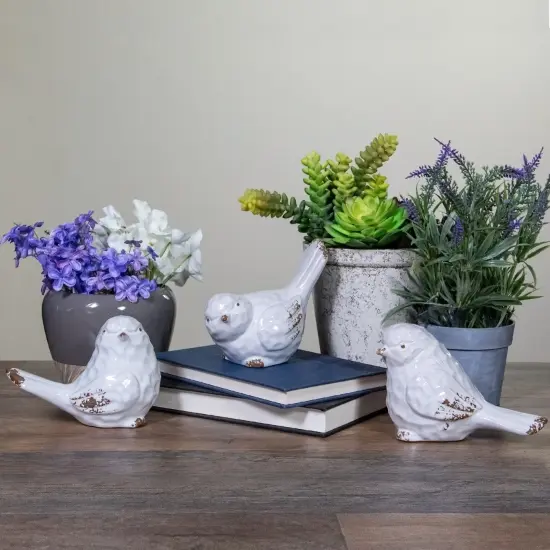 Tii Collections Set of 3 Shiny White Rustic Textured Tabletop Bird Figurines 5.75" {3}