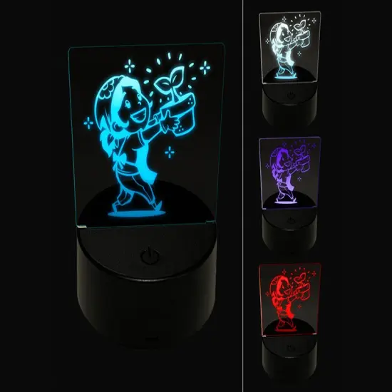 Proud Gardening Gardener Girl with Potted Plant 3D Illusion LED Night Light Sign Nightstand Desk Lamp {1}