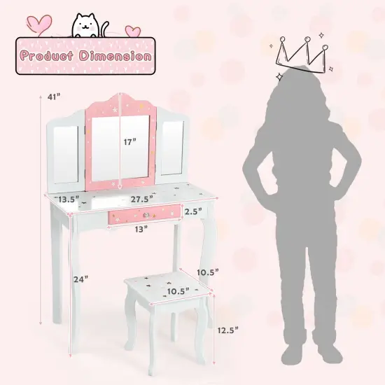 Kids Vanity Princess Makeup Dressing Table Chair Set with Tri-folding Mirror White {4}