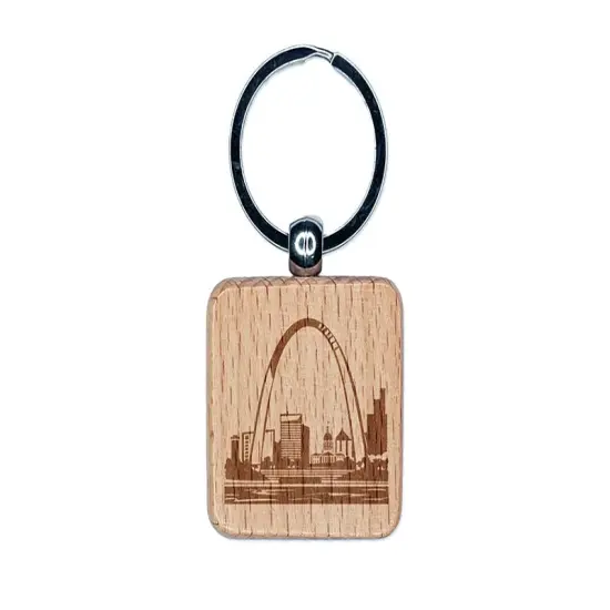 St Louis Gateway Arch Missouri Landmark Engraved Wood Square Keychain Tag Charm {1}
