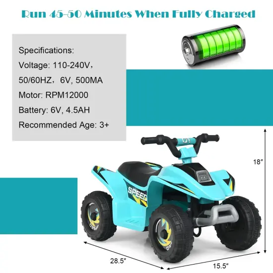 6V Kids Electric 4 Wheels Ride-On Toy with Wear-Resistant Wheels for Indoor Outdoor Use Blue {4}