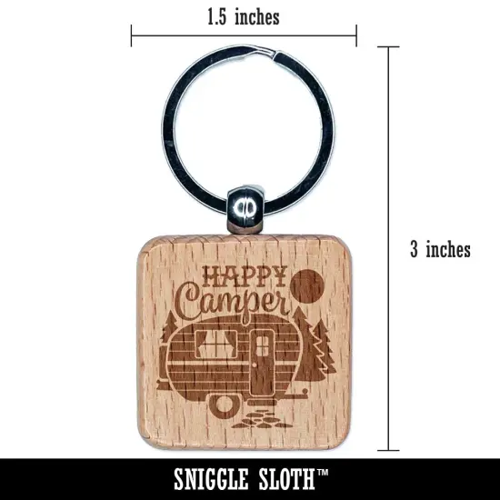 Happy Camper Trailer Camping Engraved Wood Square Keychain Tag Charm {2}