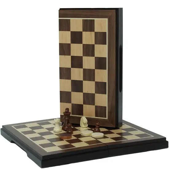 WE Games Magnetic Folding Chess & Checkers Set - Walnut Wood Finish - 8 inch for travel {1}