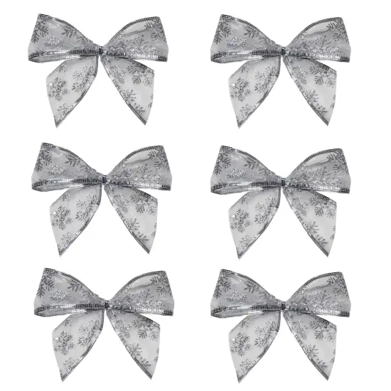 Northlight Sheer Snowflake 2-Loop Christmas Bow Decorations - 5.5" - Silver - Pack of 6 {1}