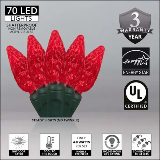 70 Red C6 LED Christmas Lights, Green Wire, 4" Spacing {3}