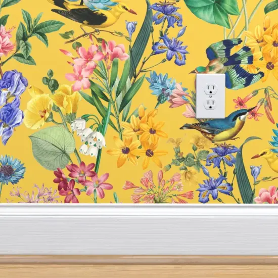 Peel & Stick Wallpaper 2FT Wide Rainforest Jungle Yellow Hand Drawn Botanical Tropical Birds Custom Removable Wallpaper by Spoonflower {4}