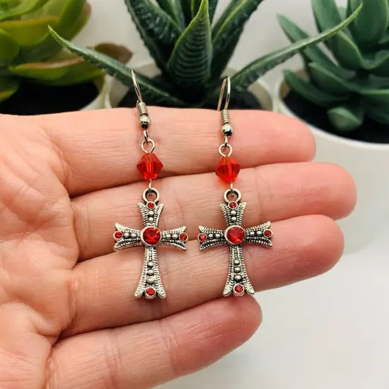 Red Rhinestone Gothic Cross Earrings {2}