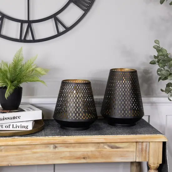 Northlight Small Laser-Cut Pillar Candle Holder - 9" - Black and Gold Finish {4}