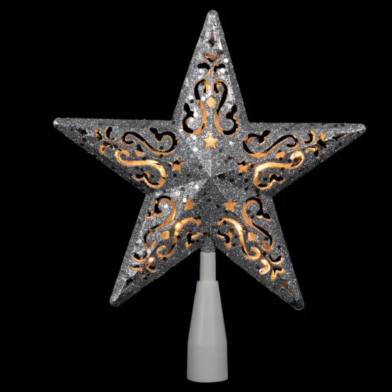 Northlight 8.5" Lighted Silver Glitter Star Cut Out Design Christmas Tree Topper - Clear Lights, White Wire {3}