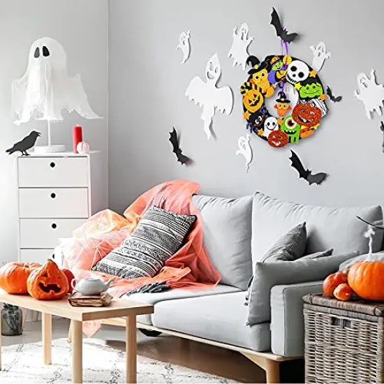 Winlyn 12 Sets Halloween Wreath Decorations Foam Halloween Wreath Signs Craft Kits Pumpkins Jack-O`-Lantern Owl Ghost Witch Bats Monster Stickers for Kids Art Gift Favors Trick-Or-Treaters Front Door {3}