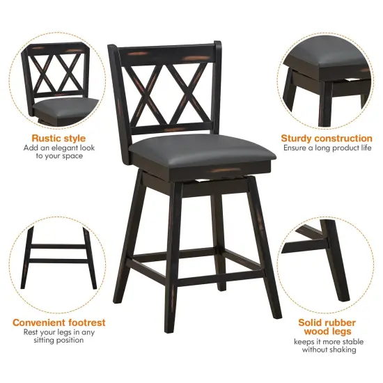 2 Pieces 25 Inch Swivel Counter Height Barstool Set with Rubber Wood Legs Black {5}