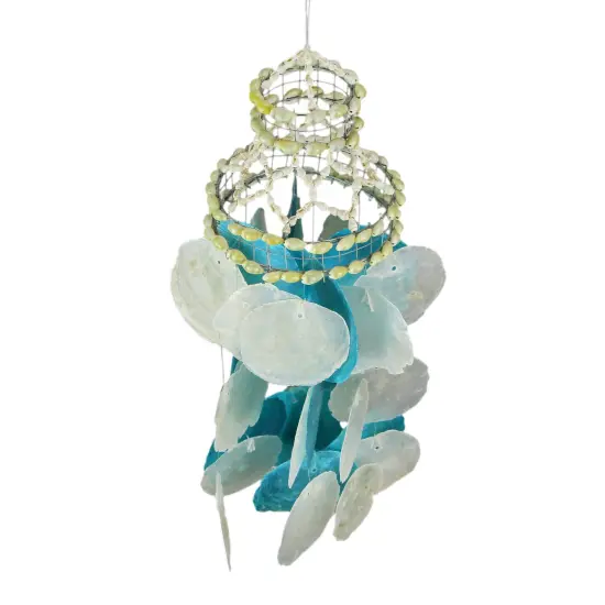 Set of 2 Coastal Blue and White Capiz and Cowrie Shell Wind Chimes Garden Patio {3}