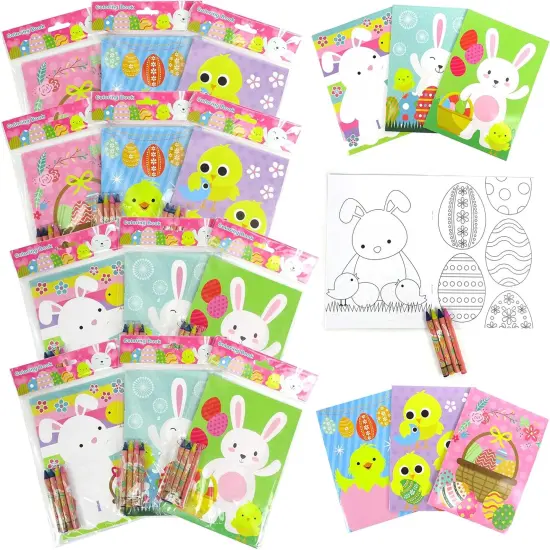 TINYMILLS Easter Coloring Books with Party Favors with 12 Books and 48 Crayons, Easter Basket Stuffer {1}