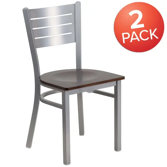 Emma and Oliver 2 Pack Silver Slat Back Metal Restaurant Chair WalnutSeat/Silver {5}