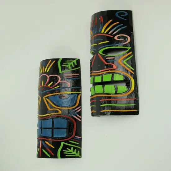 Brightly Colored Wood 20 inch Tall Tiki Totem Masks Set of 2 {3}