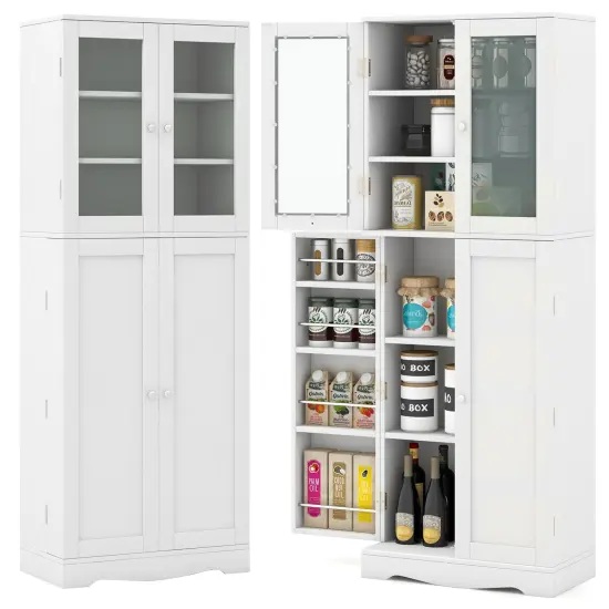 Tall Kitchen Pantry Cabinet with Dual Tempered Glass Doors and Shelves White {4}