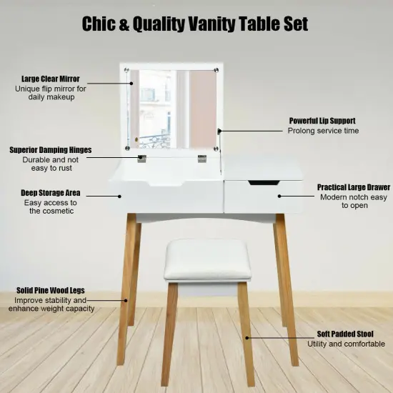 Vanity Makeup Table Cushioned Stool Set with Flip Top Mirror {1}