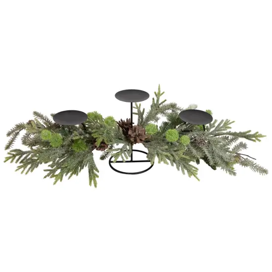 Northlight Triple Candle Holder with Frosted Foliage and Pine Cones Christmas Decoration - 26" Black {3}