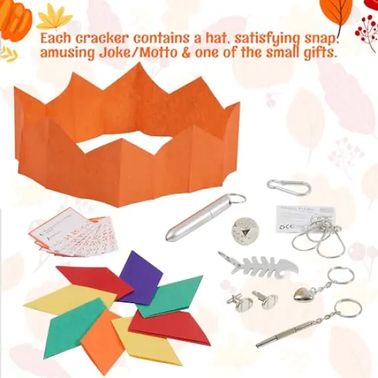 Thanksgiving Party Table Favor No Snap No Popping (12 Pack) with Party Hat, Joke & Gift Inside, Designed with Autumn Leaves, Pumpkin, Lettering for Fall Holiday, Thanksgiving Holiday Traditions {6}