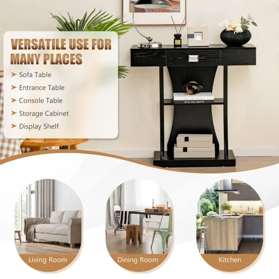 Console Table with Drawer and 2-Tier Shelves for Entryway Living Room Black {6}