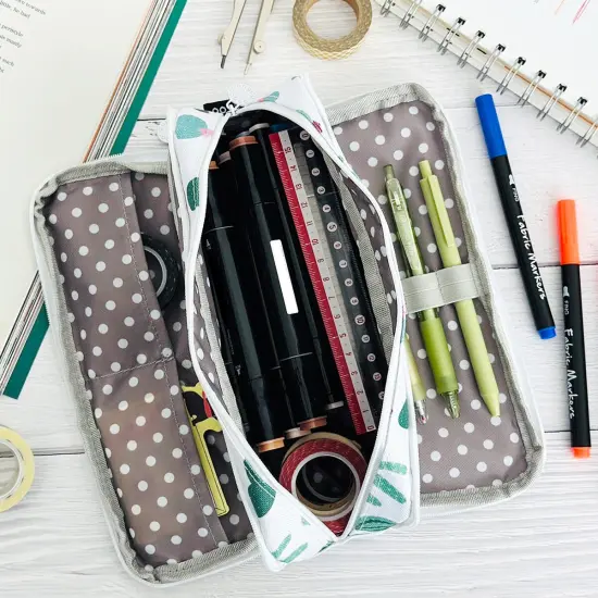 Wrapables Large Capacity Pencil Case, 3 Compartment Pencil Pouch for Stationery Pens Cactus {4}