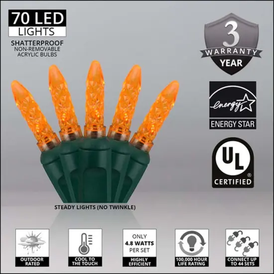 70 Amber/Orange M5 LED Lights, Green Wire, 4" Spacing {2}