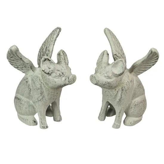 Set of 2 Cast Iron Distressed White Flying Pig Bookends Rustic Decorative Home {1}